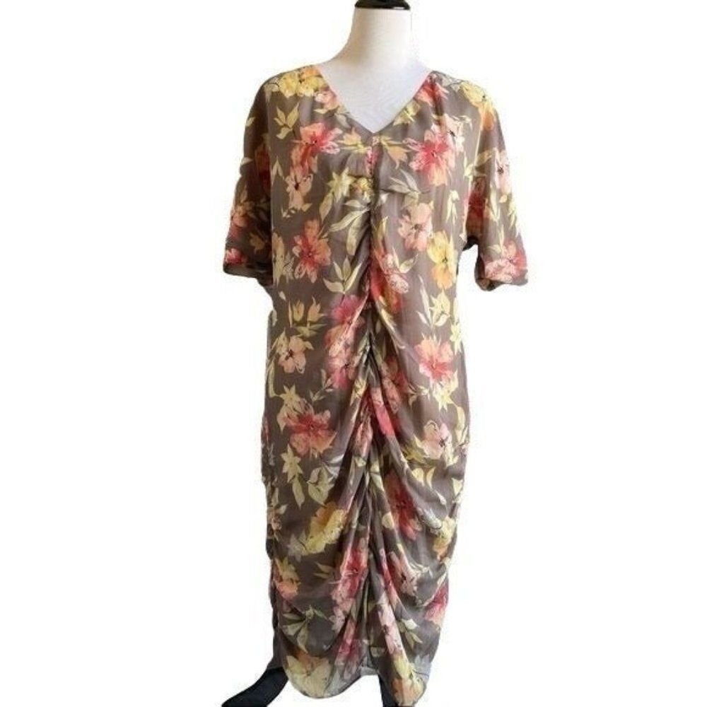 Sundance Brown Floral Short Sleeves Ruched V-Neck Silk Dress Size 14